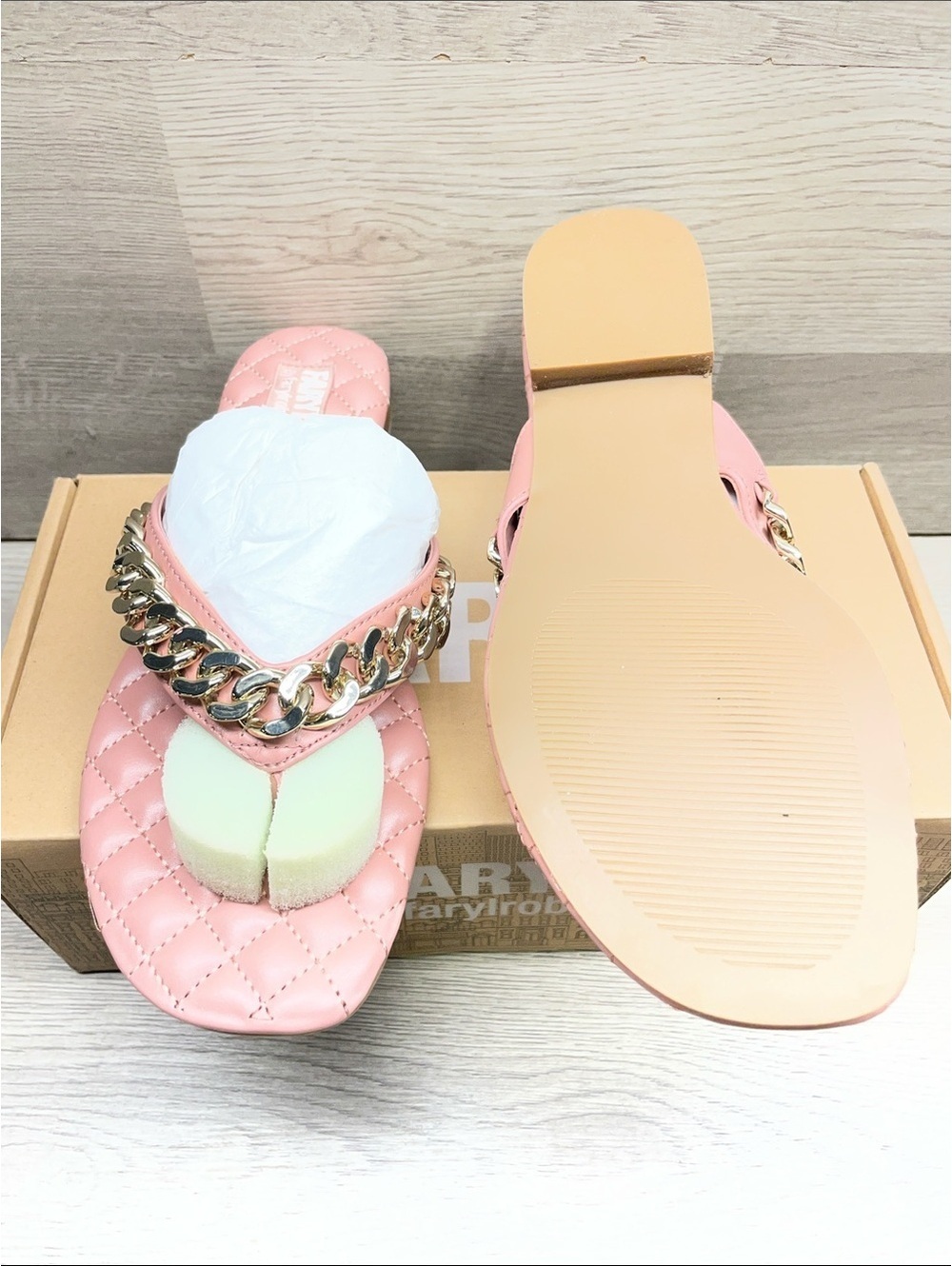 Farylrobin Quilted Pink Slide Sandals with Gold Chain #249